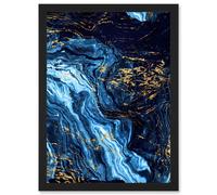 Wee Blue Coo Abstract Dark Blue Gold Pour Watercolour Modern Artwork Framed Wall Art Print A4