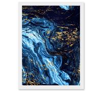 Artery8 Abstract Dark Blue Gold Pour Watercolour Modern Artwork Framed Wall Art Print A4 in White Artery8 White