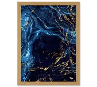 Artery8 Abstract Dark Blue Gold Water Modern Artwork Framed Wall Art Print A4 in Light Oak Artery8 Light Oak