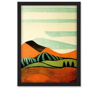 Artery8 Abstract Eclectic Tangerine & Olive Countryside Linocut Illustration Artwork Framed Wall Art Print A4 in Black Artery8 Black