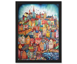 Artery8 Abstract Fishing Village Folk Art Artwork Framed A3 Wall Art Print