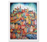 Abstract Fishing Village Folk Art Artwork Framed Wall Art Print A4 Artery8 White One Size