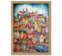 Abstract Fishing Village Folk Art Artwork Framed Wall Art Print A4 Artery8 Light Oak One Size