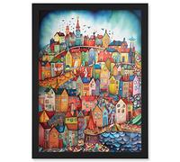 Abstract Fishing Village Folk Art Artwork Framed Wall Art Print A4 Artery8 Black One Size