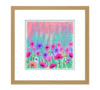 Artery8 Abstract Floral Meadow Flowers Pink Turquoise Colourful Painting Square Wooden Framed Wall Art Print Picture 8X8 Inch in Light Oak Artery8 Light Oak