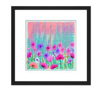 Artery8 Abstract Floral Meadow Flowers Pink Turquoise Colourful Painting Square Wooden Framed Wall Art Print Picture 8X8 Inch in Black Artery8 Black