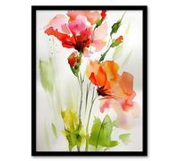 Artery8 Abstract Flowers Red Green Watercolour Painting Wall Art Print - A4 Size