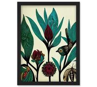 Abstract Folk Art Leaves Flowers Birds Vintage Style Green Burgundy Cream Black Artwork Framed Wall Art Print A4 Artery8 Black One Size