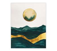Abstract Full Moon Seascape Dark Green Gold Boho Wall Art Print Artery8 Dark Green W24 inch x H32 inch