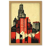 Artery8 Abstract Futuristic Cityscape Black & Red Brutalism Artwork Framed Wall Art Print A4 in Light Oak Artery8 Light Oak