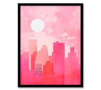 Artery8 Abstract Geometric Cityscape in Pink Simple Watercolour Painting Artwork Framed Wall Art Print A4