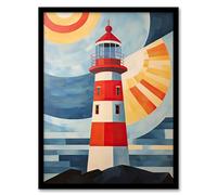 Artery8 Abstract Geometric Lighthouse Oil Painting Red Orange Blue Colour Gradient Sun Rays Reflecting on Lens Artwork Framed Wall Art Print 18X24 Inch
