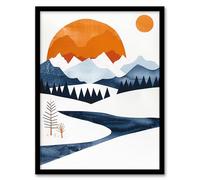 Artery8 Abstract Geometric Orange Blue Winter Landscape Framed Art Print | Size: A4 Artery8 Orange A4