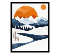 Artery8 Abstract Geometric Orange Blue Winter Landscape Wall Art Print - A4 Size