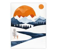 Artery8 Abstract Geometric Orange Blue Winter Landscape Wall Art Print | Size: W12" x H16" Artery8 Orange W12" x H16"