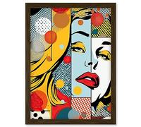 Artery8 Abstract Geometric Patterns and Bubbles with Woman Face Comic Book Style Pop Art Halftone Artwork Framed Wall Art Print A4