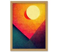 Abstract Geometric Retro Eclipse Moon Sun Yellow Pink Teal Colourful Sunset Artwork Framed Wall Art Print A4 Artery8 Light Oak One Size