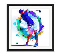 Artery8 Abstract Golfer Golf Course Golfing Swing Bright Painting Square Wooden Framed Wall Art Print Picture 16X16 Inch