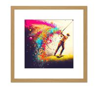 Artery8 Abstract Golfing Golf Course Green Golfer Swing Sport Multicoloured Oil Painting Square Wooden Framed Wall Art Print Picture 8X8 Inch Artery8 Light Oak
