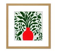 Artery8 Abstract Green Leaves Bold Red Vase 2D Illustration Square Wooden Framed Wall Art Print Picture 8X8 Inch in Light Oak Artery8 Light Oak