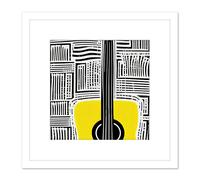 Artery8 Abstract Guitar Boho Yellow Acoustic Lines Music Illustration Square Wooden Framed Wall Art Print Picture 8X8 Inch in White Artery8 White