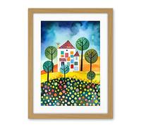 Artery8 Abstract House And Garden Folk Art Artwork Framed Wall Art Print 18X24 Inch