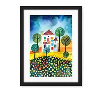 Artery8 Abstract House And Garden Folk Art Artwork Framed Wall Art Print 18X24 Inch