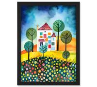 Artery8 Abstract House And Garden Folk Art Artwork Framed Wall Art Print A4