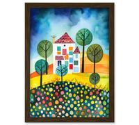 Artery8 Abstract House And Garden Folk Art Artwork Framed Wall Art Print A4