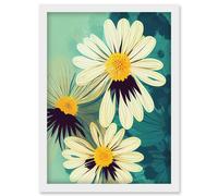 Artery8 Abstract Illustration Daisy Blossoms Flowers Painting Artwork Framed Wall Art Print A4 in White Artery8 White