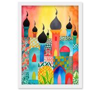 Artery8 Abstract Islamic Cityscape Folk Art Artwork Framed Wall Art Print A4 in White Artery8 White