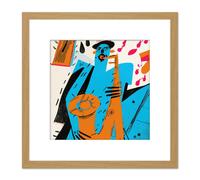 Artery8 Abstract Jazz Saxophone Musical Modern Painting Blue Orange Square Wooden Framed Wall Art Print Picture 8X8 Inch in Light Oak Artery8 Light Oak