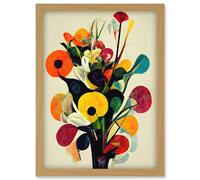 Artery8 Abstract Kandinsky Inspired Multicolour Flower Bouquet In Vase Artwork Framed Wall Art Print A4 in Light Oak Artery8 Light Oak