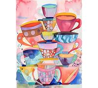 Artery8 Abstract Kitchen Cups And Saucers Folk Art Art Print Canvas Premium Wall Decor Poster Mural