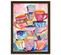 Artery8 Abstract Kitchen Cups And Saucers Folk Art Artwork Framed A3 Wall Art Print
