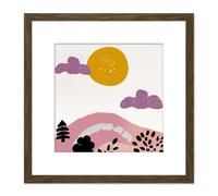 Artery8 Abstract Landscape Countryside Sun & Hills Modern Boho Bohemian Soft Purple Watercolour Painting Square Wooden Framed Wall Art Print Picture Artery8 Brown