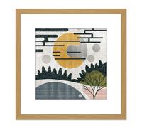 Artery8 Abstract Landscape Grunge Boho Sunrise Vintage Square Wooden Framed Wall Art Print Picture 8X8 Inch in Light Oak Artery8 Light Oak