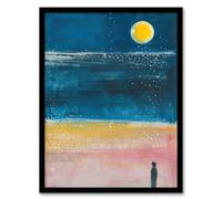 Artery8 Abstract Lone Figure Full Moon Beach Walk Living Room Bathroom Artwork Framed Wall Art Print 18X24 Inch