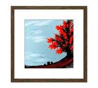 Artery8 Abstract Lone Red Maple Tree in Poppy Field on a Winter Morning Square Wooden Framed Wall Art Print Picture 8X8 Inch in Brown Artery8 Brown