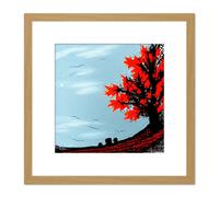 Artery8 Abstract Lone Red Maple Tree in Poppy Field on a Winter Morning Square Wooden Framed Wall Art Print Picture 8X8 Inch in Light Oak Artery8 Light Oak