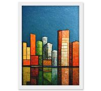 Artery8 Abstract Modern Cityscape Reflections Orange Blue Yellow Artwork Framed Wall Art Print A4 in White Artery8 White