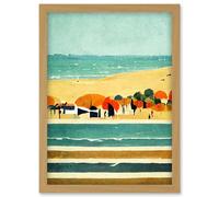 Artery8 Abstract Modern Painting Summer Beach Scene French Riviera Artwork Framed Wall Art Print A4 in Light Oak Artery8 Light Oak