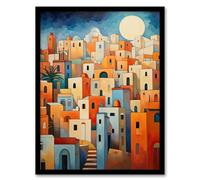 Artery8 Abstract Morocco Cityscape in Orange and Blue Artwork Framed Wall Art Print A4
