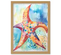 Artery8 Abstract Mosaic Starfish Folk Art Artwork Framed Wall Art Print A4 in Light Oak Artery8 Light Oak