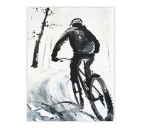 Abstract Mountain Biker Biking Winter Landscape Wall Art Print Artery8 Grey W24 inch x H32 inch