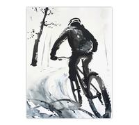 Abstract Mountain Biker Biking Winter Landscape Wall Art Print Artery8 Grey W24 inch x H32 inch