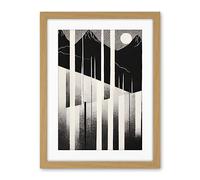 Artery8 Abstract Mountain Landscape Lake Sunrise Linocut Artwork Framed Wall Art Print 18X24 Inch