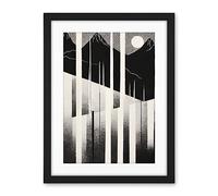 Artery8 Abstract Mountain Landscape Lake Sunrise Linocut Artwork Framed Wall Art Print 18X24 Inch