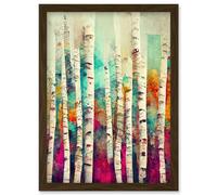 Artery8 Abstract Multi Coloured Birch Tree Forest Vibrant Colourful Oil Painting Artwork Framed Wall Art Print A4 in Brown Artery8 Brown