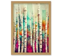 Artery8 Abstract Multi Coloured Birch Tree Forest Vibrant Colourful Oil Painting Artwork Framed Wall Art Print A4 in Light Oak Artery8 Light Oak